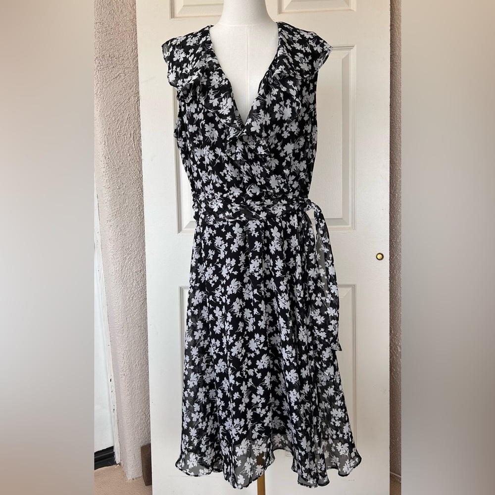 R & K Originals Faux Wrap Floral Dress Tie Waist Size 14